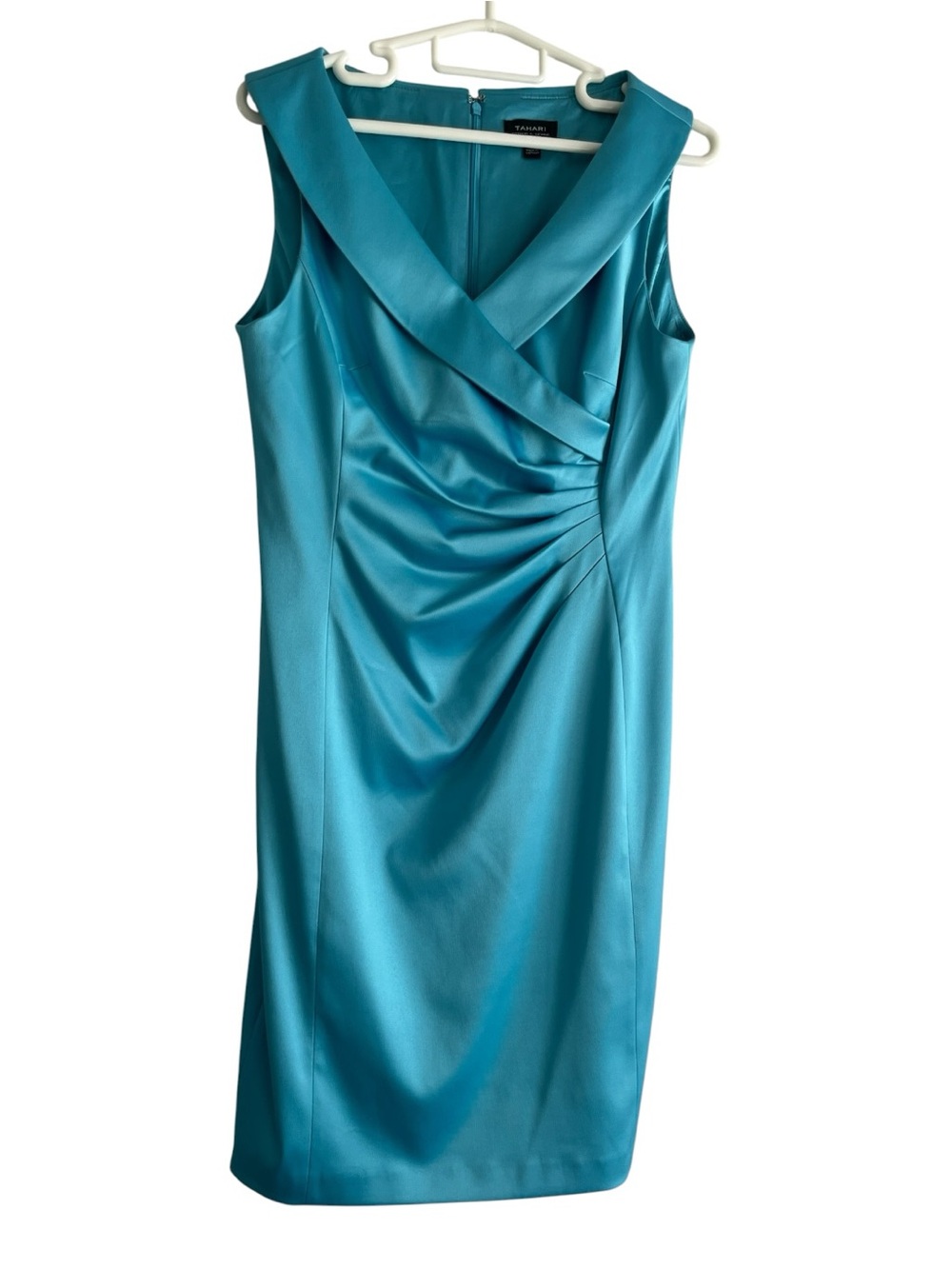 Tahari ASL Turquoise Sleeveless Sheath Dress with Crossover Neck